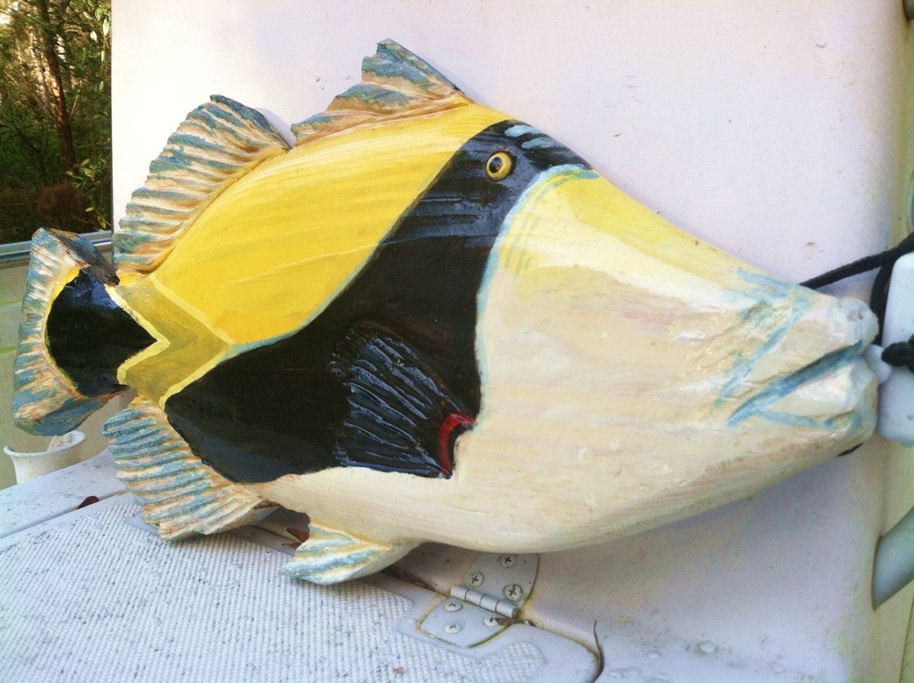 Reef Triggerfish sculpture 34 inch chainsaw wood carving saltwater Hawaiian tropical fish art home deck boat decor wall mount art sealed