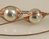 Copper Earrings with Silver Beads, OOAK Herringbone Wire-Wrapped Earrings