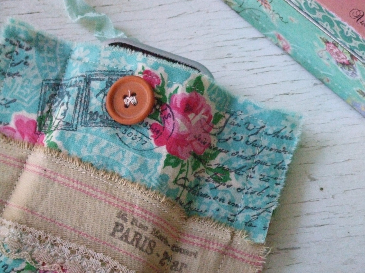 Iphone case - iphone pouch - shabby chic - aqua and rose fabric - upcycled - french  - vintage button