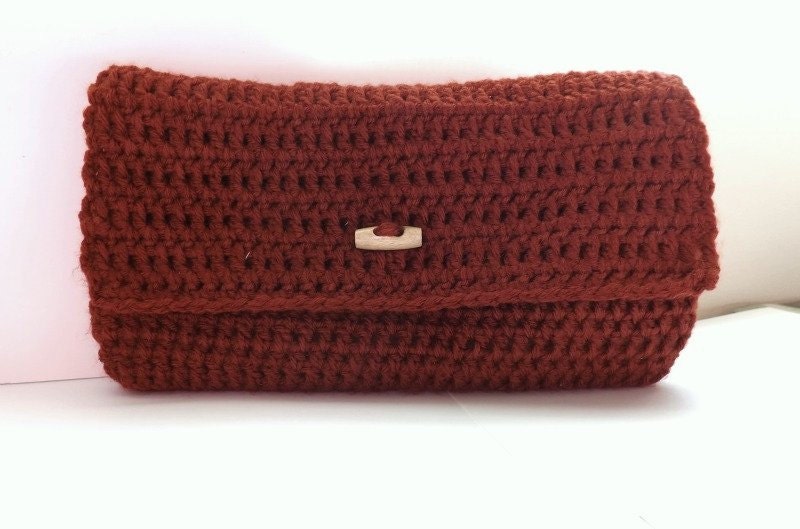 Handmade Crocheted Burnt Orange Clutch with wooden button
