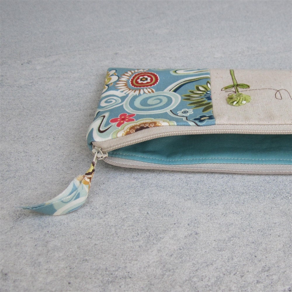 floral zipper clutch, personalized gift, blue spring accessory, women MADE TO ORDER by mamableudesigns
