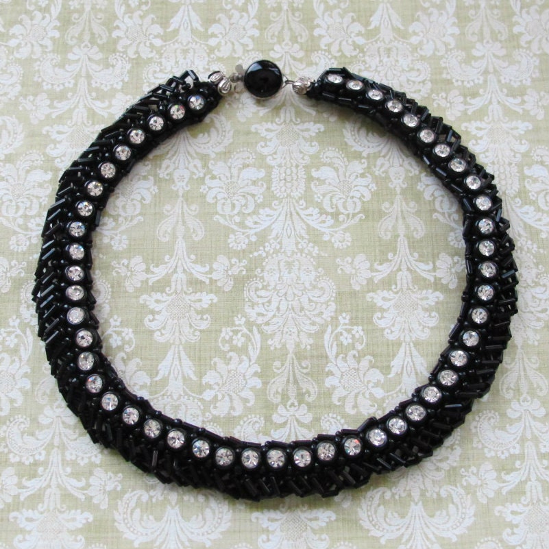 Vintage Black Glass And Rhinestone Choker Made In Germany