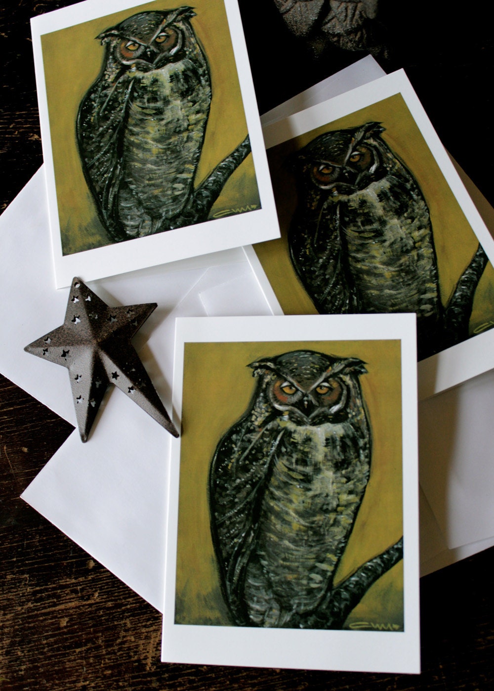 Owl Cards Set of 8 Blank 5 x 7 Painting Birdwatching Wise Aviary Raptor Hawk Eagle Wings Flight Nest Trees