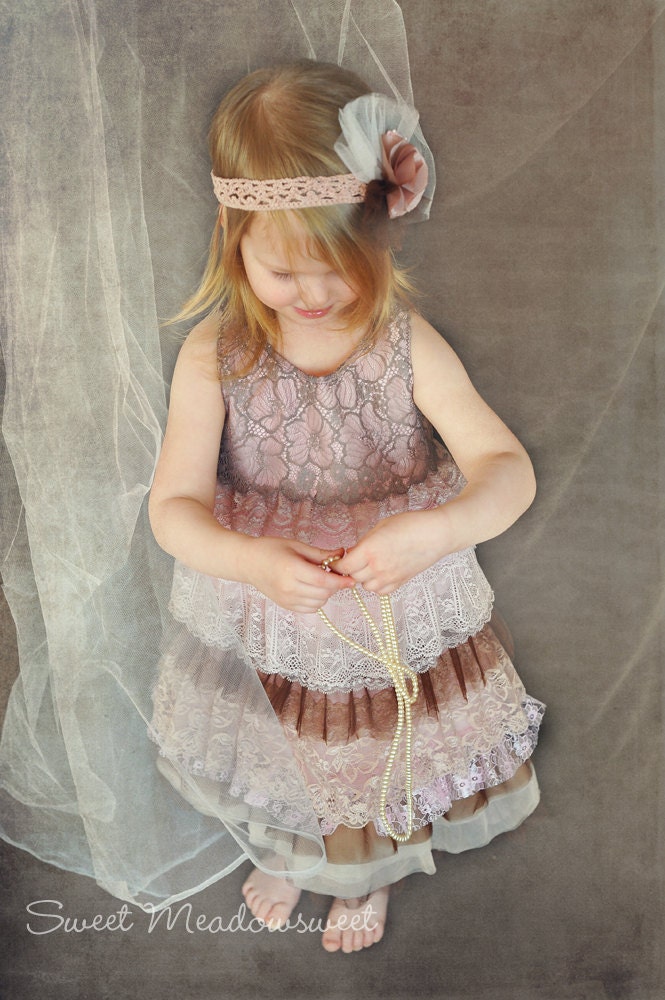 Girls Dress, Pink / Brown Lace tulle Ruffles, Shabby chic / vintage / retro style, romantic 3 T / 4 T (104) toddler, baby, made to order