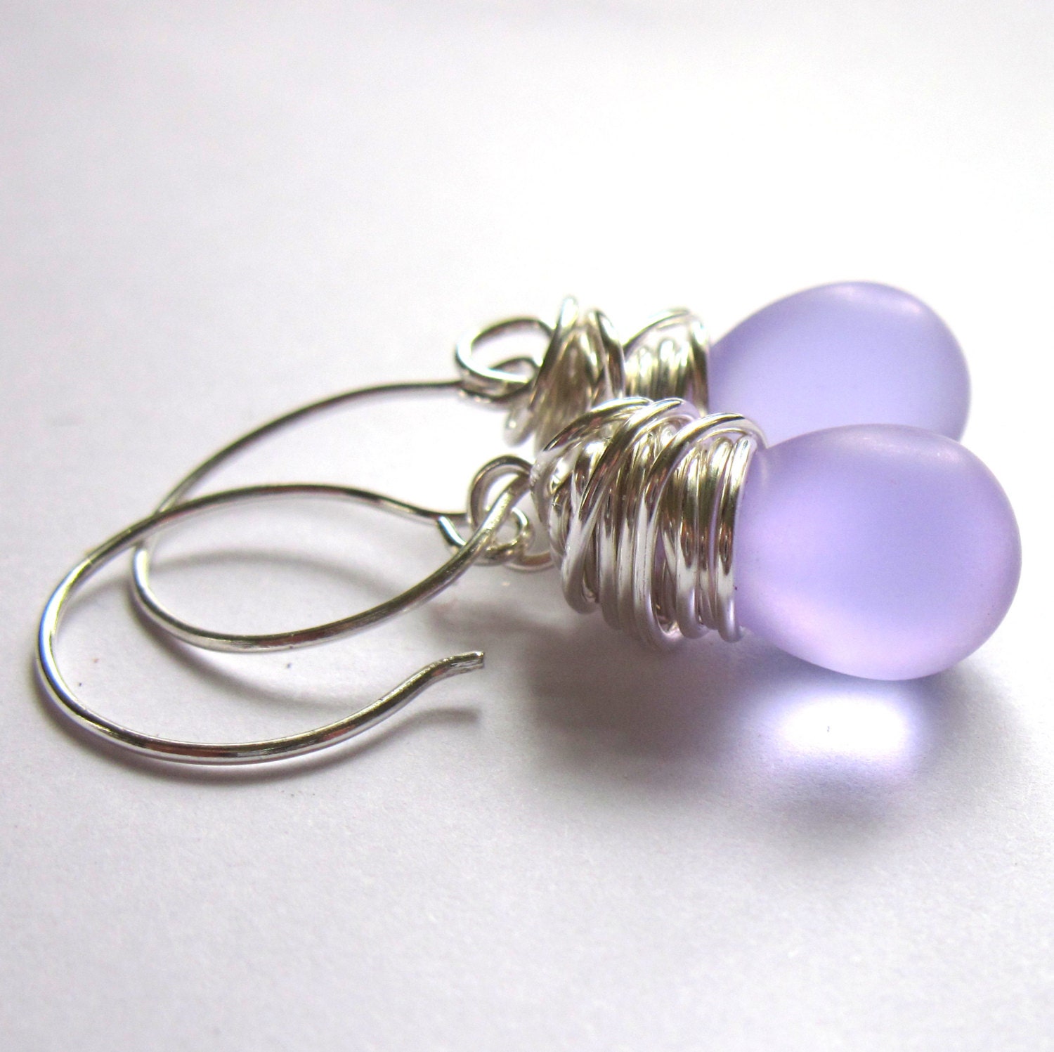 Frosted Purple Glass Teardrop Silver Wire Wrapped Earrings