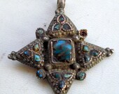 vintage antique ethnic tribal old silver pendant necklace turquoise gemstone