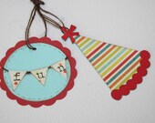 Birthday Favor tags - Party hat and fun banner tag - red and aqua - set of 6 tags