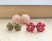 Flower Stud Earrings Spring Jewelry Surgical Steel Post Pink Dahlia Floral Green Cabochon Tiny Green Rose Vintage Style Three pairs