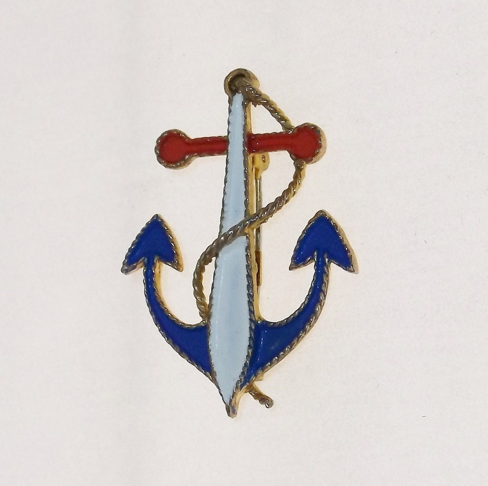 Vintage Enamel Brooch 1950s 1960s Red White Blue Anchor