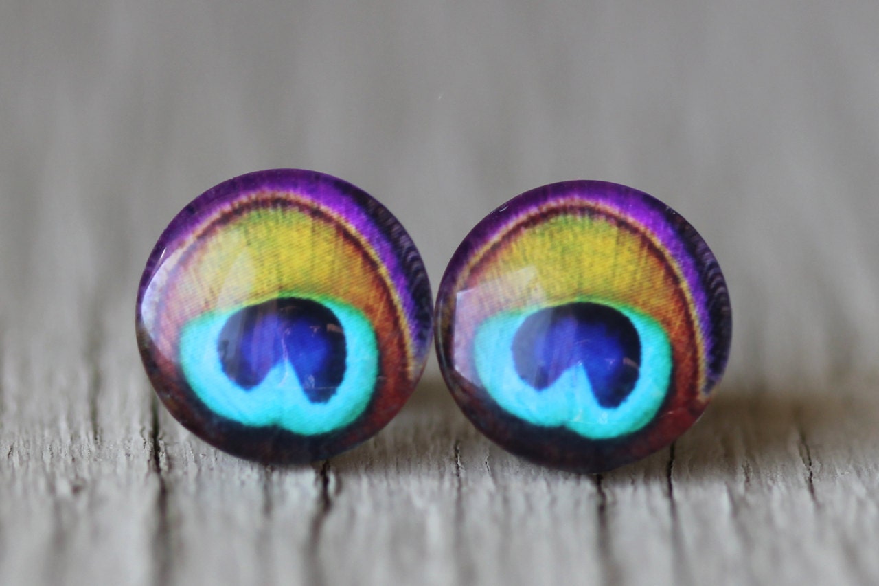 Peacock Feather Stud : Peacock Feather Fake Plug Earrings, Peacock Earrings, Peacock Studs, Cabochon, Domed, ArtisanTree