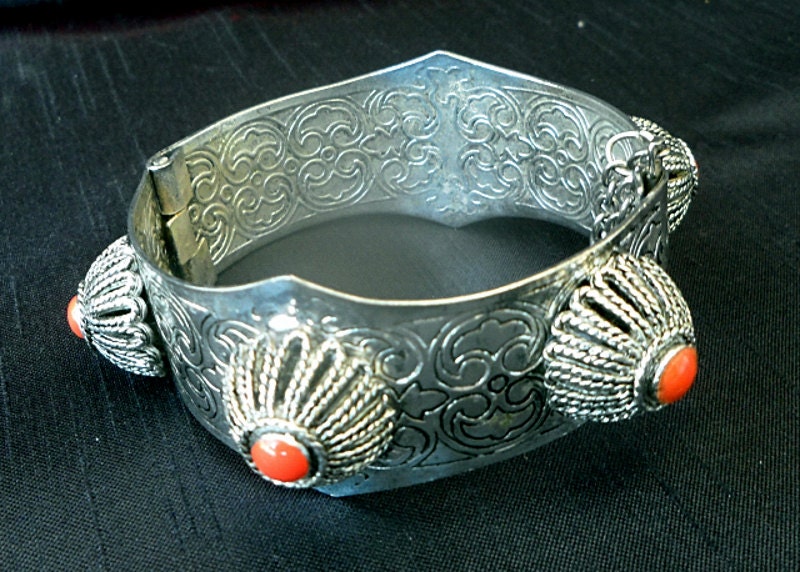 Silver Hinged Cuff Bracelet with Red Stones