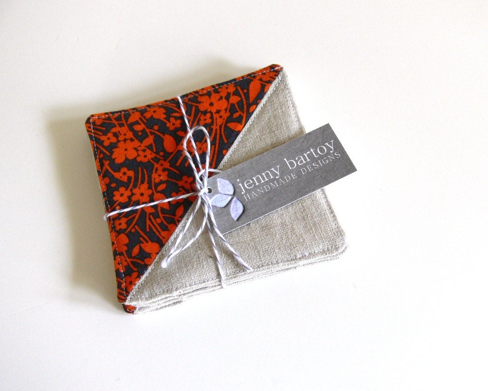 Coasters, Set of 4 - Linen and Orange Flowers on Navy - Ready to ship