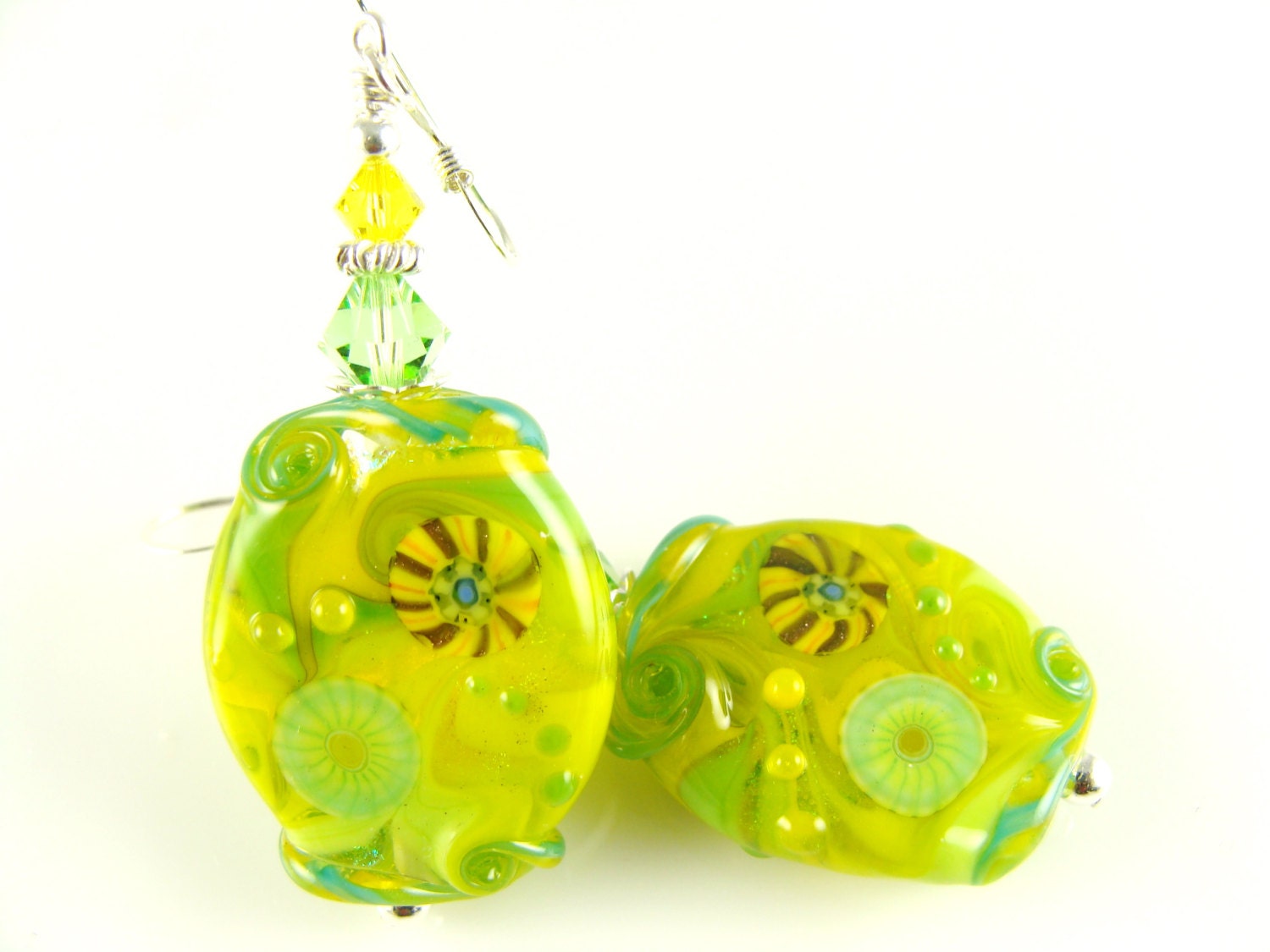 Yellow Glass Bead Earrings, Green Lampwork Earrings, Dangle Earrings, Beadwork Earrings, Colorful Abstract Earrings, Lampwork Jewelry