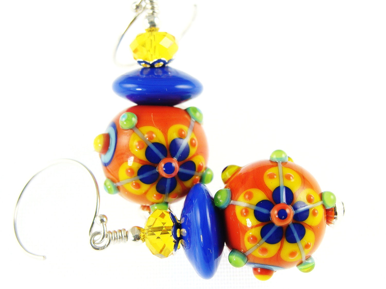 Orange Lampwork Earrings, Glass Bead Jewelry, Beadwork Earrings, Lampwork Jewelry, Colorful Flower Earrings, Blue Yellow Turquoise Earrings
