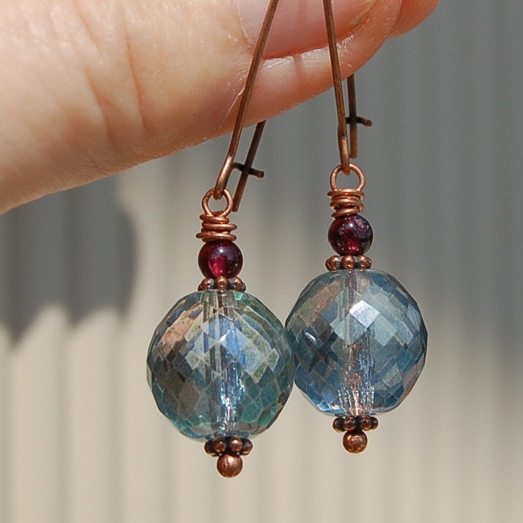 Aqua Glass, Garnet and Antiqued Copper Earrings