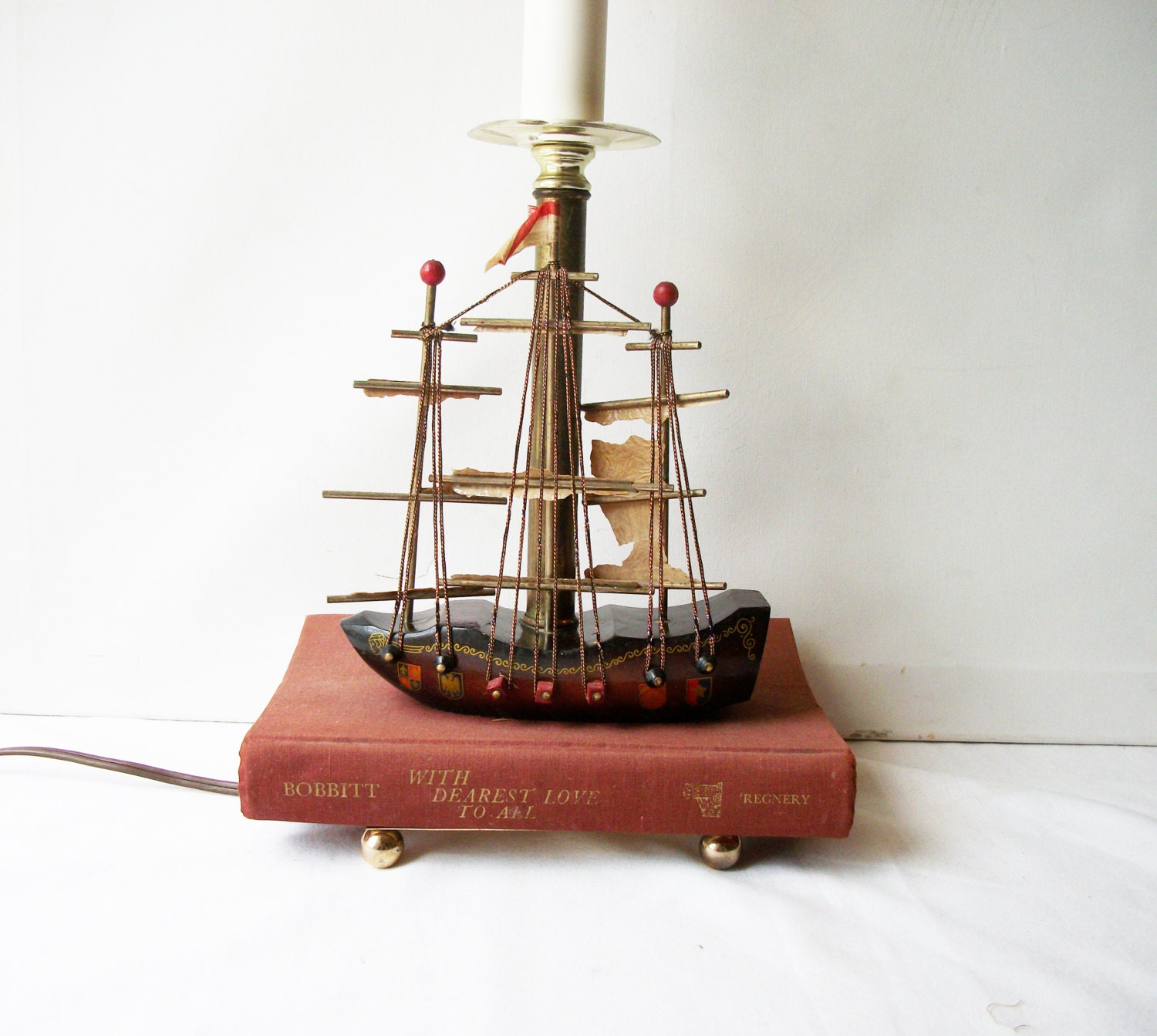 Vintage Handmade Nautical Lamp - Mayflower Ship on Book - Vintage Home Office Decor