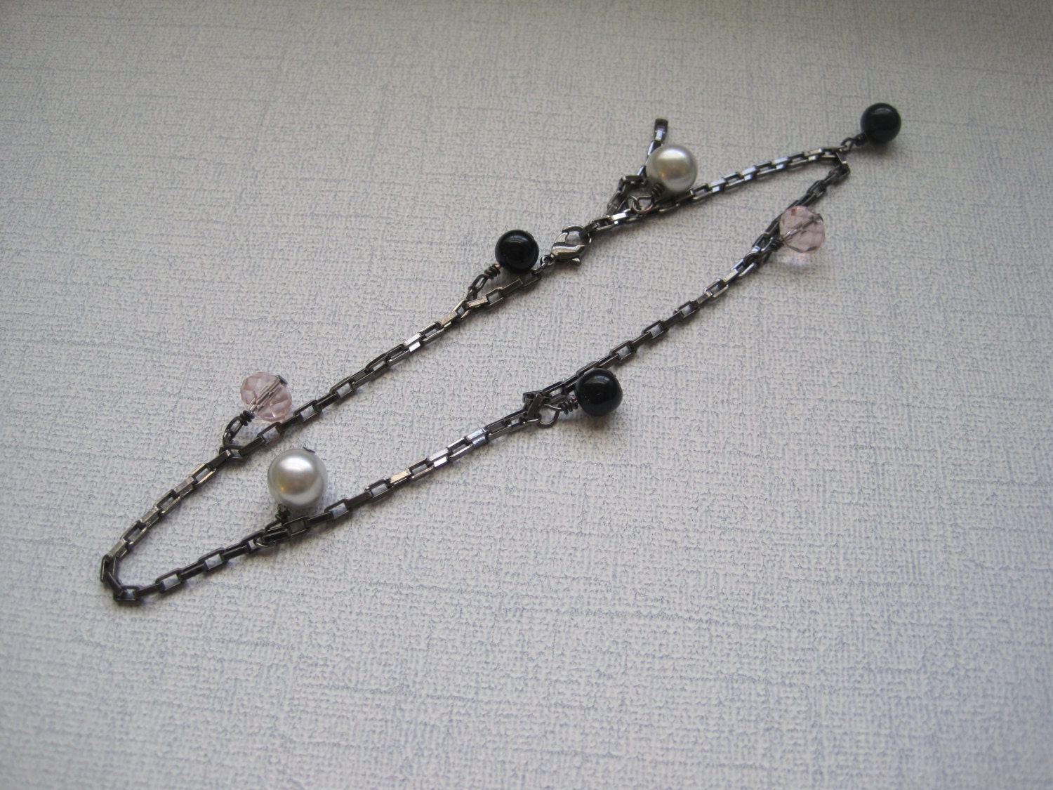 Charm Boot Bracelet- Gunmetal Pearls Pink and Black Beads