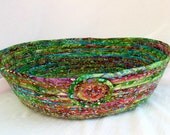 Batik Cat Bed, Handmade Green Batik Basket, Purple and Green Batik Dog Bed, with matching 12"SQ Quilt, hand wrapped and coiled fabric basket