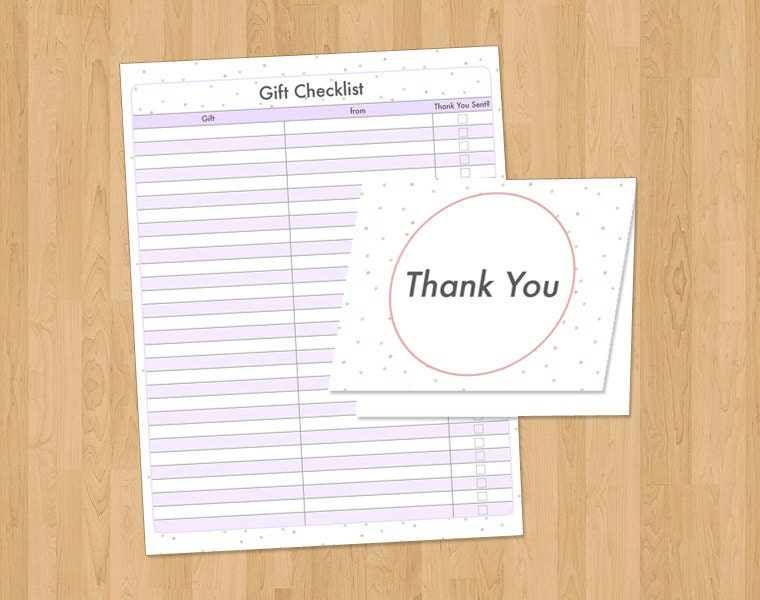INSTANT DOWNLOAD Gift Checklist and Thank You cards, printable