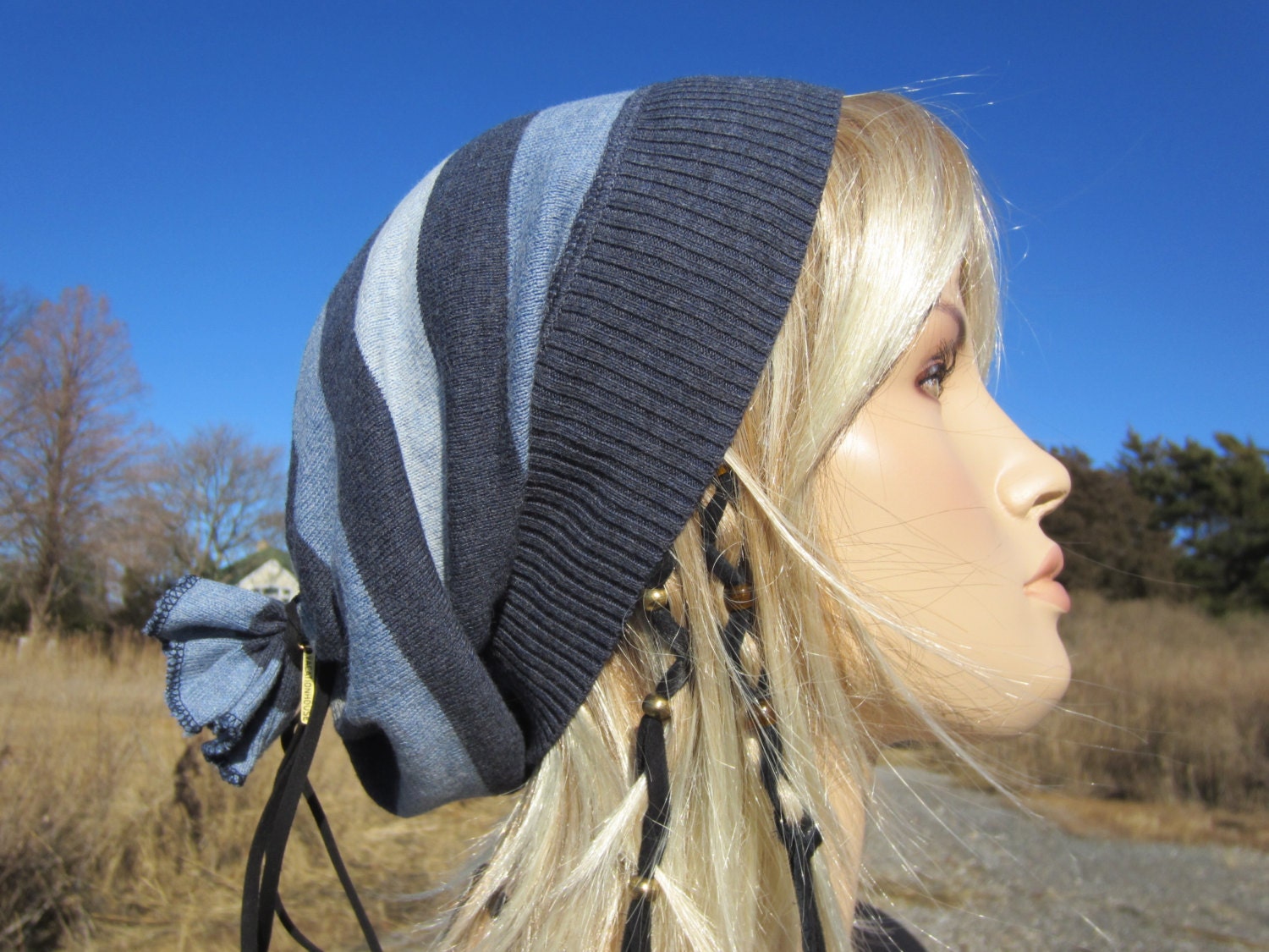 Spring lightweight Slouchy Beanie Ladies Stripe Hat Indigo Denim Blues Cotton  A1460