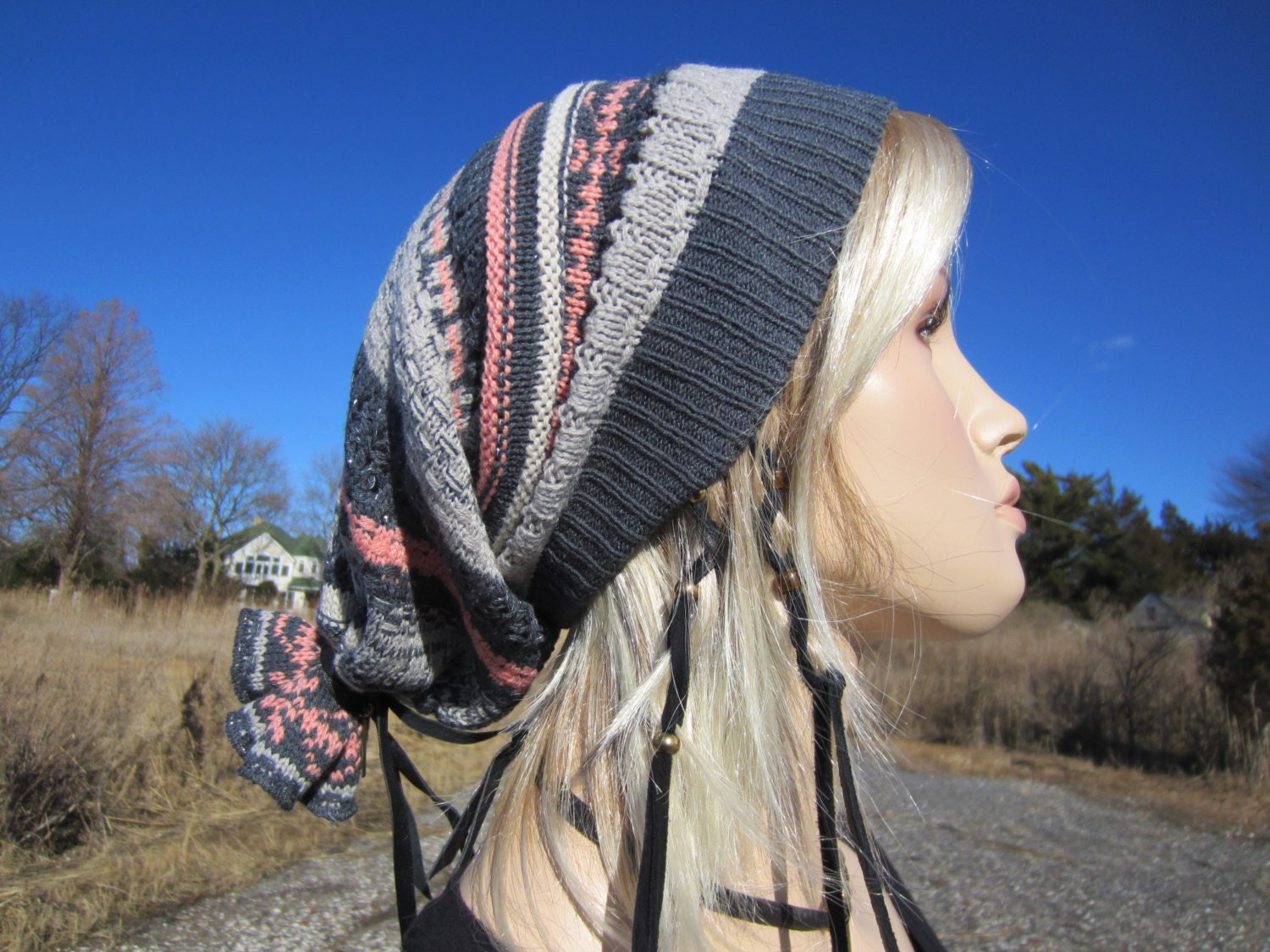Hipster Fair Isle Beanie Stocking Cap  Winter Slouchy Hat Gray Coral Tam A892