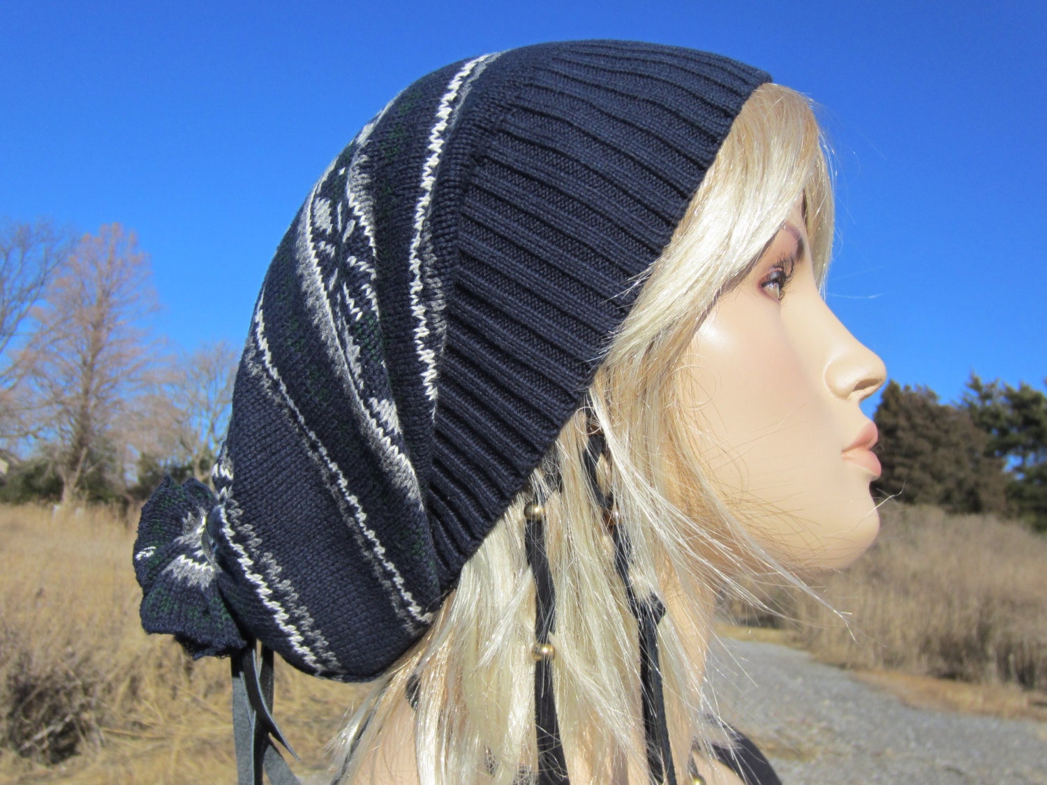 Fair Isle Slouchy Beanie Stocking Cap Thick Warm Winter Slouch Hat Navy Blue A849