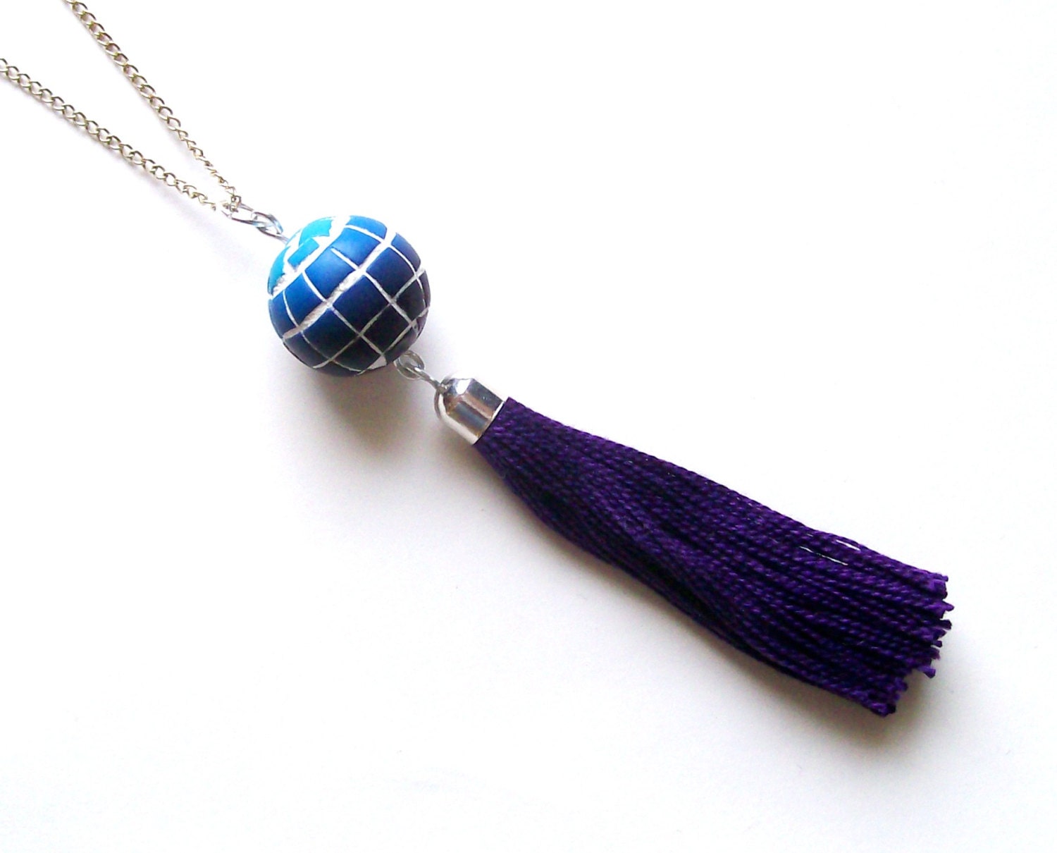 polymer clay mosaic pendant with tassel ombre Blue Purple Spring large mosaic bead aqua blue plum purple color progression