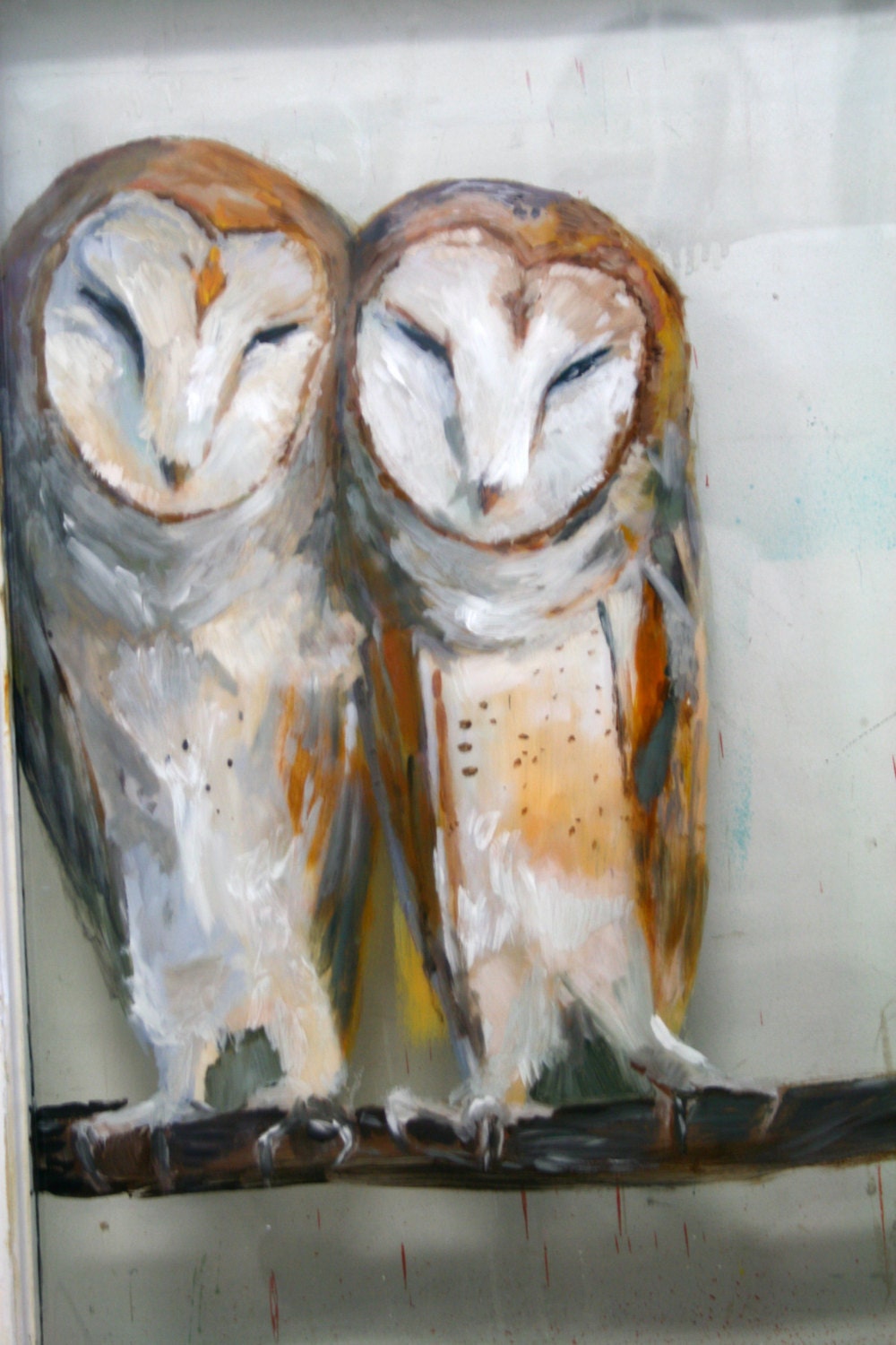 Snuggling Barn Owls // Original Painting on Antique Glass // 30" x 30"
