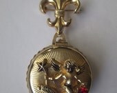 Vintage Coro Locket Pin Brooch Angel Cupid Star January Birthstone Fleur de Lis Jewelry