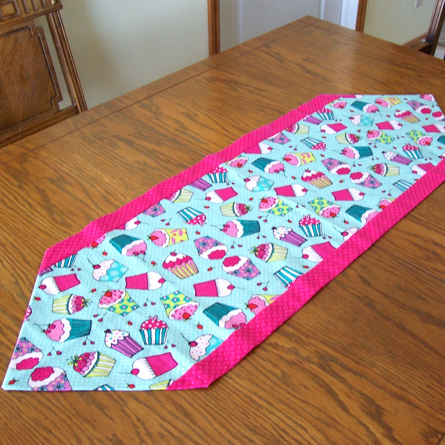 Cupcake Table Runner in Blue and Pink with Various Colored Cupcakes
