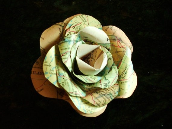 Vintage atlas map rose pin brooch corsage or mens boutonniere for weddings or prom