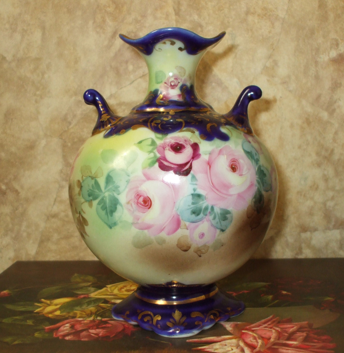 Nippon Vase Ornate Cobalt & Hand Painted Roses Victorian Antique SPRING SALE