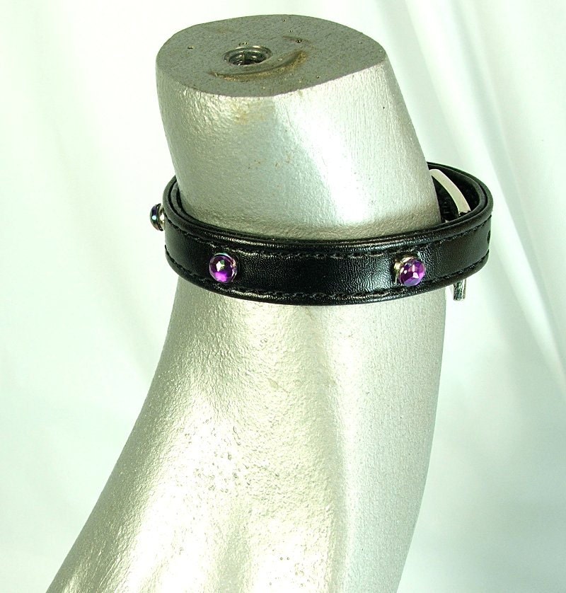 Black Leather Wrist Cuffs with Purple Sparkle Accents bdsm slave cuffs, punk, goth, costume