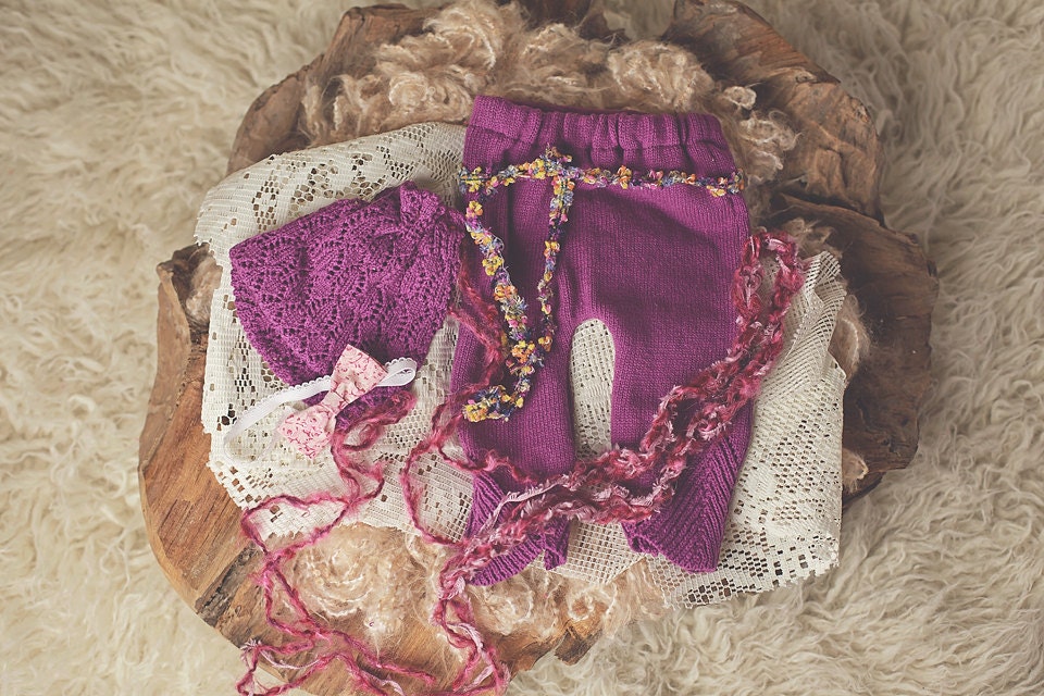 raspberry purple upcycled newborn pants and bonnet/headband set newborn photography prop