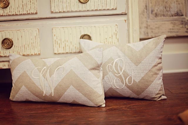 Monogrammed Neutral Chevron Print Throw Pillow-Medium Lumbar