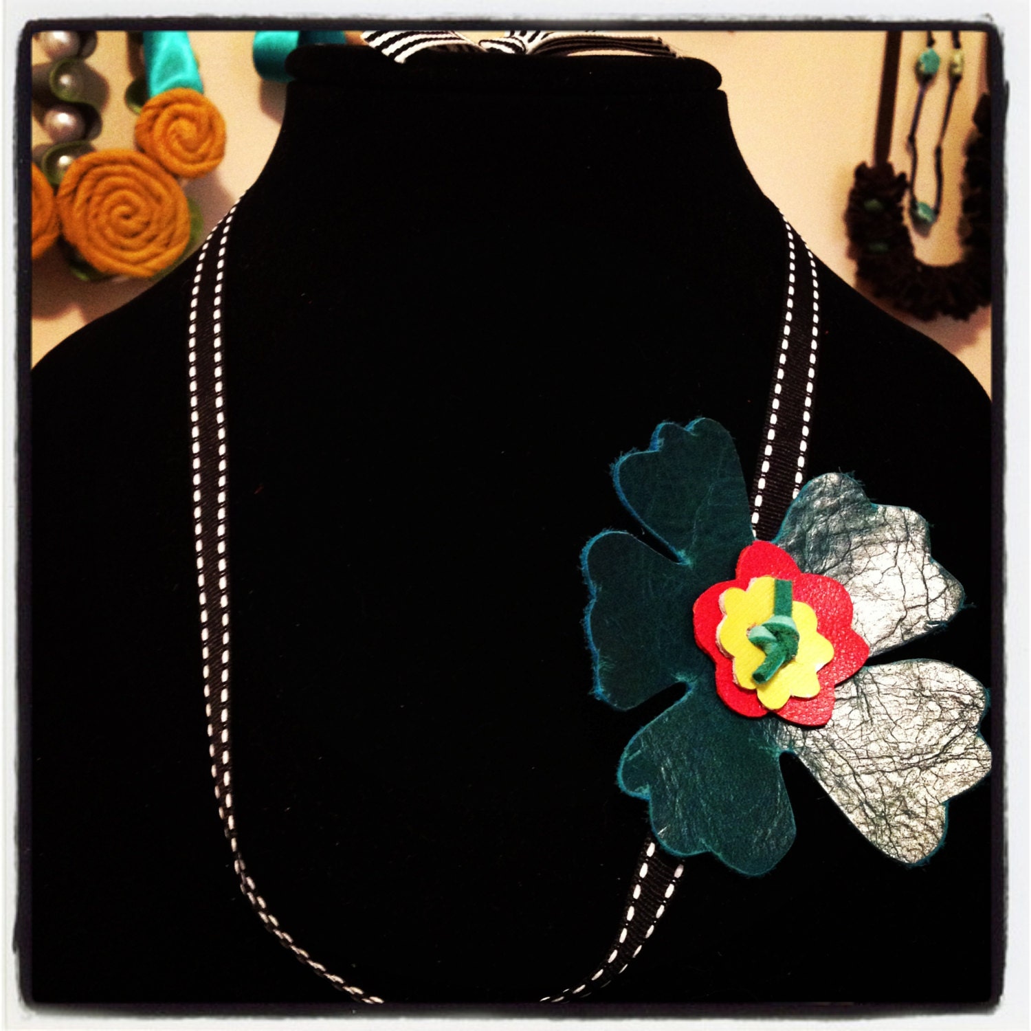 MiniLove: Teal, Lime Green and Coral Leather Flower on Black and White Ribbon Necklace