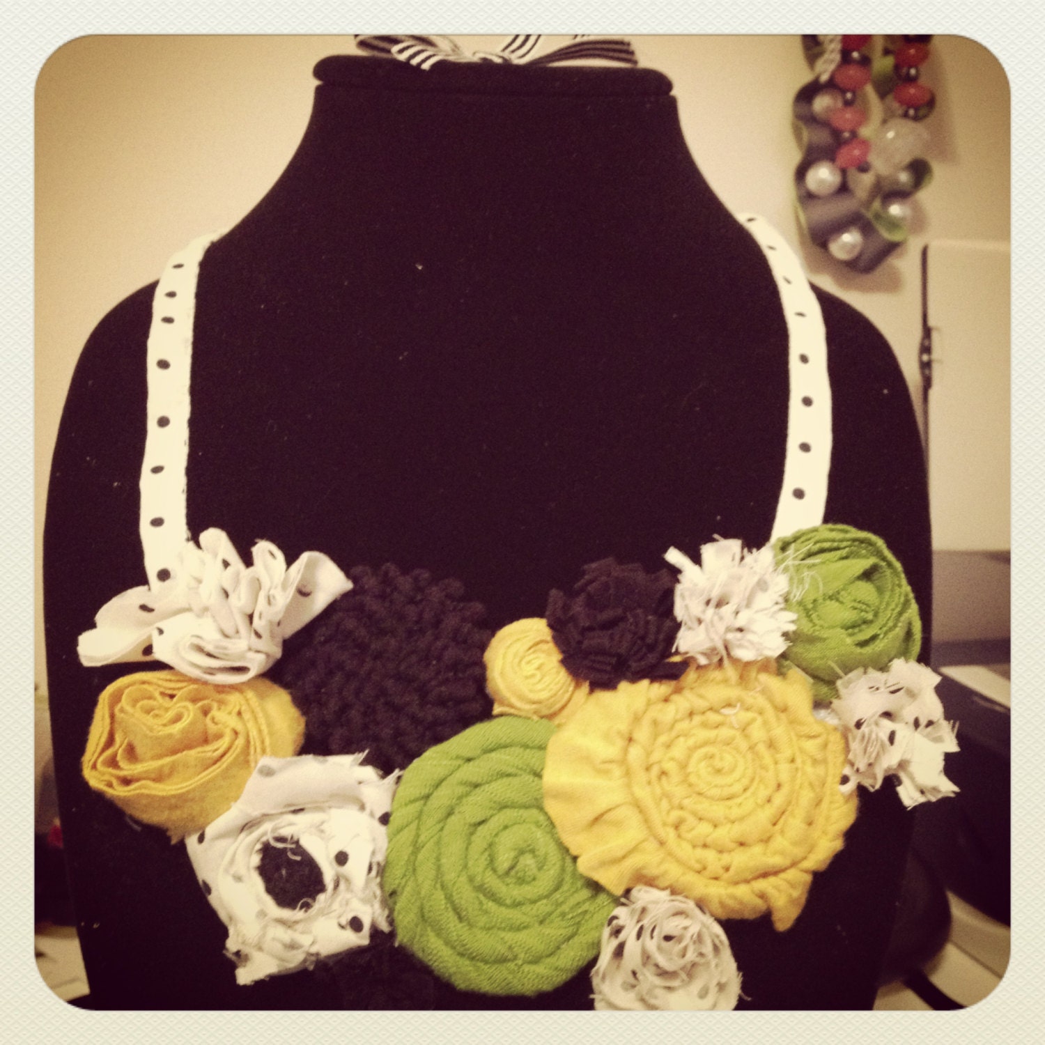 Polka Dot, Mustard, Green and Black Statement Flower Bib Necklace