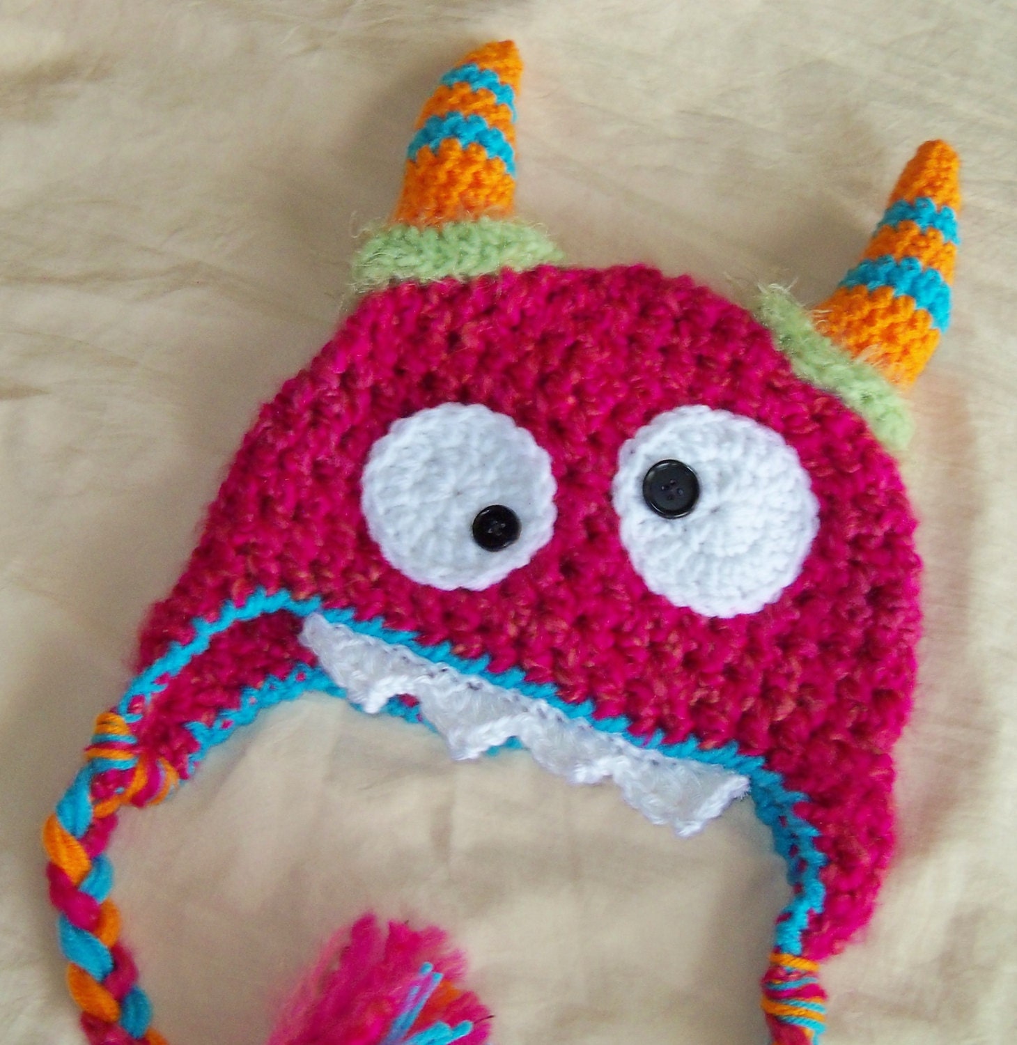 SALE - Save 15% -Pink Monster Hat - Baby Hat - Baby Monster Hat - Halloween Costume - Cute and Soft Earflap - by JoJosBootique
