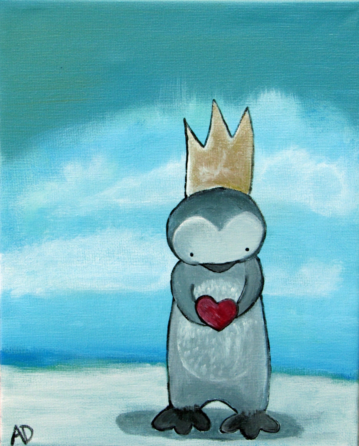 Penguin Original Kids Wall Art, Animal Nursery Painting Illustration, The King of Hearts