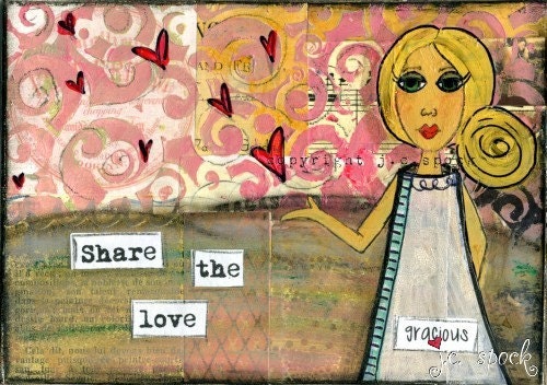 Mixed Media Art: Gracious Girl 5x7 print - Whimsical Art, Folk Art, Inspirational Art, Wall Art, whimsical girl, pink, tan