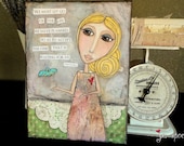Original Art Painting: Letting Go Girl - 9x12 Original Mixed Media Art, Folk Art Painting, Whimsical Art, Whimsical Girl, OOAK