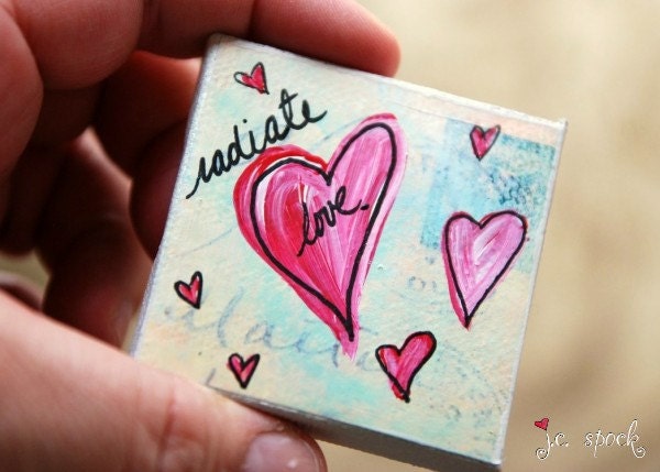 Mini Painting: Radiate Love Heart 2x2, original painting, mini original, heart painting, mixed media original, pink, yellow, red
