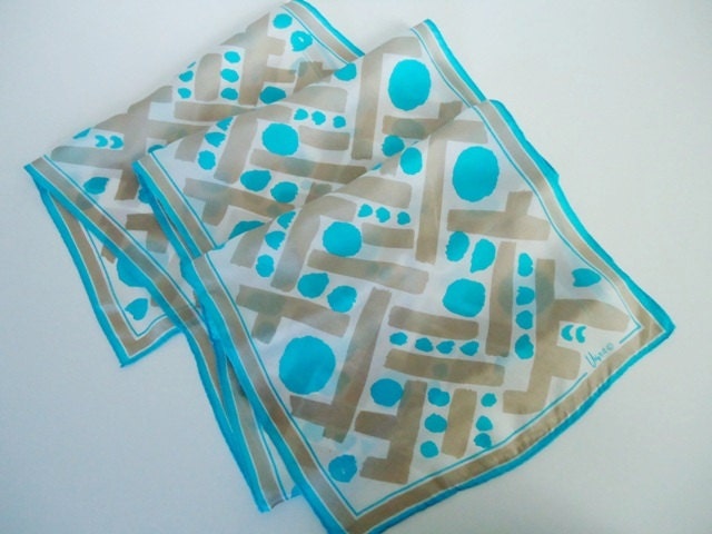 Vera Neuman Scarf - Vintage Turquoise and Ecru Vera Scarf - Retro Vera Neuman Scarf