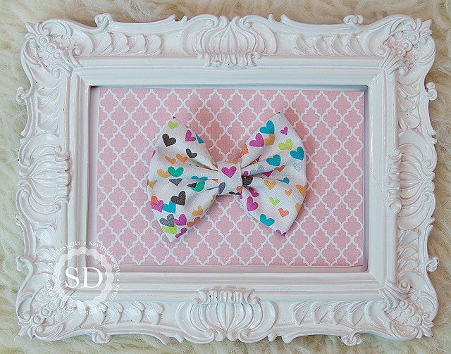 Fabric Bow-- Rainbow of Hearts on White -- Clip or Headband