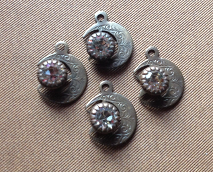 Vintage Rhinestone Moon and Star Charms Swarovski Crystal Clear Rare lot of 4