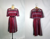 80s Secretary Dress / Maroon Teal Button Down Striped Shirt Dress / Large