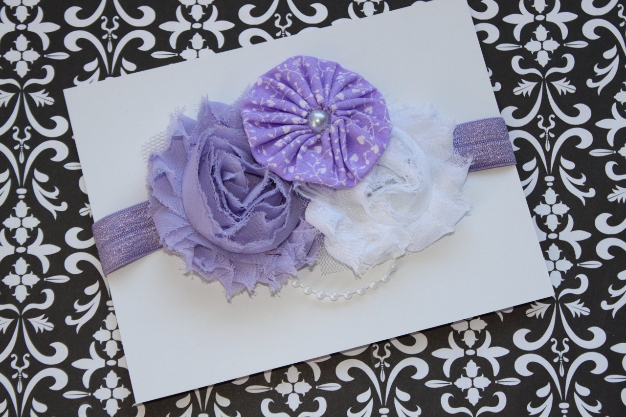 Lavender and White Fancy Headband with Pearls (Newborn, Toddler, Child) Valentines Day