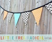 Little Man - Orange Dot & Teal Chevron Mustache Fabric Pennant Bunting Banner - great for birthday party decor, nursery,  photo prop