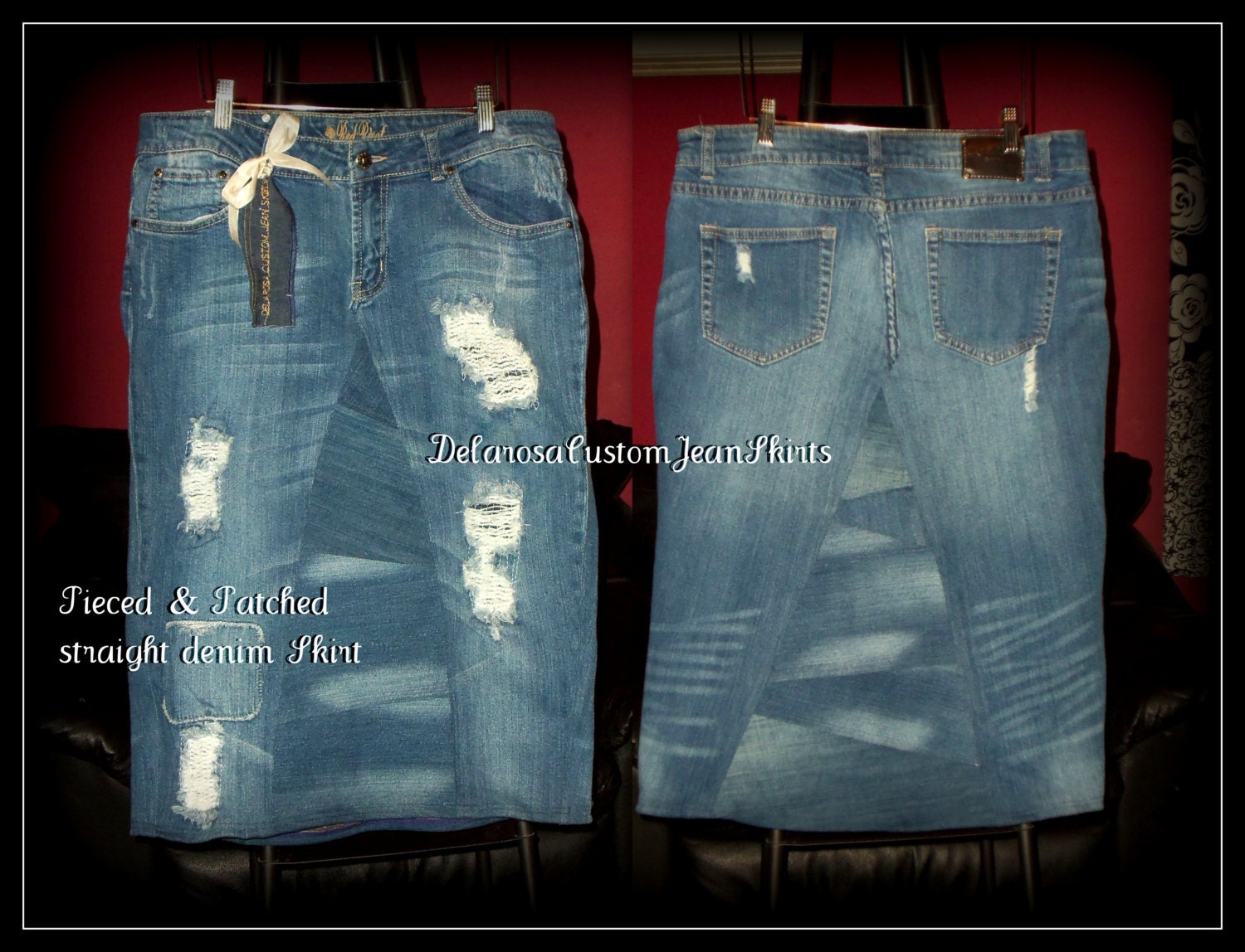 Pieced and Patched basic straight jean skirt size 10 Ready to Ship ONE OF A KIND
