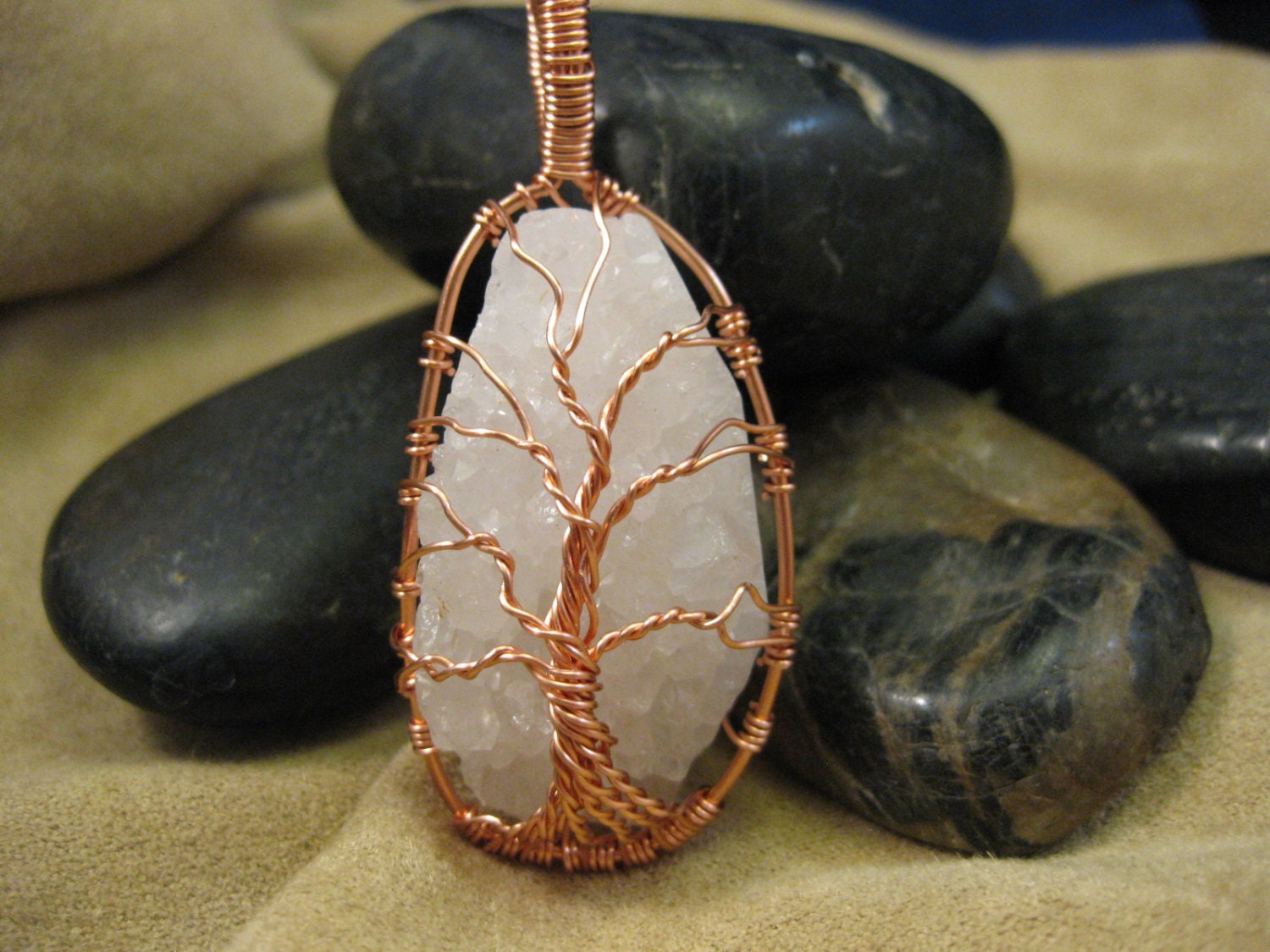Tree of Life wire wrapped pendant with Quartz Drusy stone